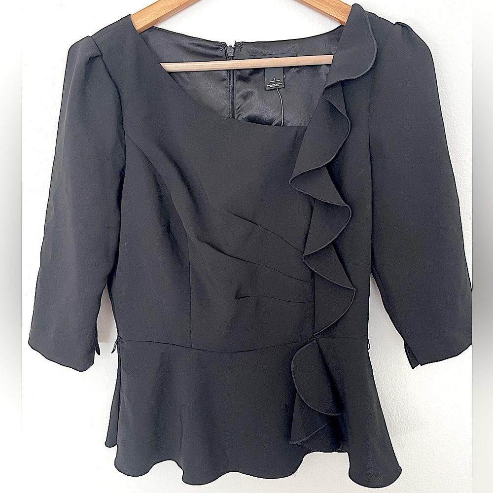 NWT! White House Black Market Size 2. Peplum Black Blouse Round Neck Zip
